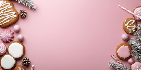 Pastel pink Christmas background with gingerbread and copy space