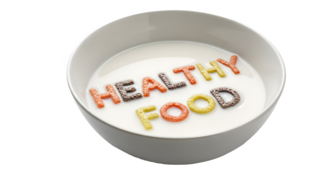 A bowl of milk with cereal letters spelling healthy food inside it with transparent background