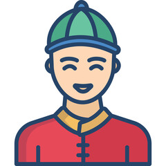 Asian Man Wearing Traditional Red Jacket and Green Hat With Happy Expression