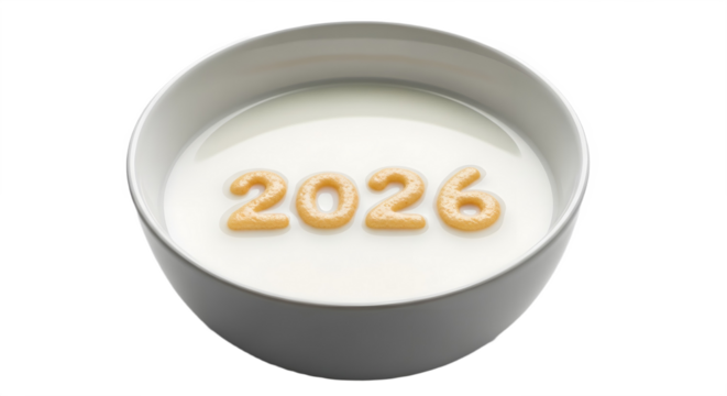 A bowl of milk with pasta letters spelling out the year twenty twenty six with transparent background
