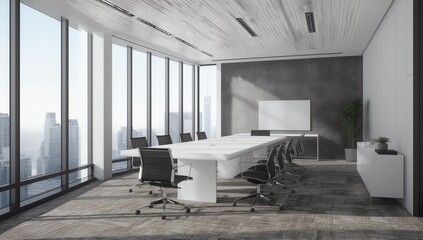 corporate meeting room with panoramic glass windows, white table, black chairs, gray accent wall 