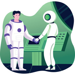 Astronaut in a white and purple suit shakes hands with a white robot with a green eye in a futuristic control room with green and blue tones