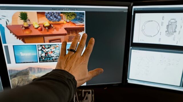 Medium shot capturing hands organizing video resume formats on multiple screens selecting the best layout for impact.