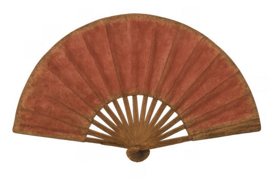 Vintage folding hand fan creating wind for cooling, traditional accessory with velvet fabric and wooden sticks, transparent background