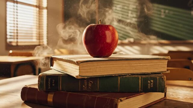 Warm morning sunlight streams into a classic schoolroom, illuminating a steaming red apple on a pile of old textbooks, representing the timeless pursuit of wisdom