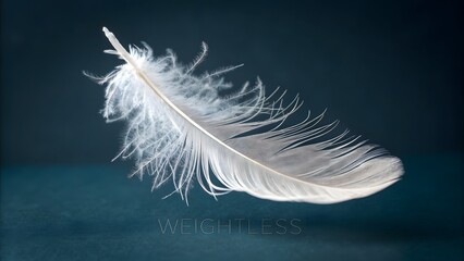 Obraz premium A single weightless white feather floats gently against a dark background