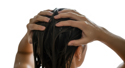 Close-up of hands massaging shampoo into wet dark hair. Realistic shot of hair washing with dramatic lighting. Person washing their hair with focused tactile action.
