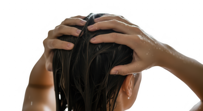 Close-up of hands massaging shampoo into wet dark hair. Realistic shot of hair washing with dramatic lighting. Person washing their hair with focused tactile action.