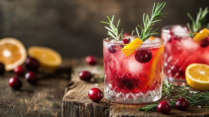 Festive cranberry cocktails with rosemary and citrus on a rustic wooden surface, perfect for holiday celebration