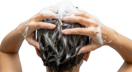Top-down view of hands massaging shampoo into dark hair with rich lather. Hair washing process with white foam and water droplets. Close-up of soapy hair being washed with bright lighting.