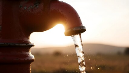 the hand water pump is rusty red, and clear water flows fast