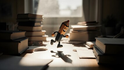 Cheerful Cartoon Pencil Jumping Between Stacks of Books