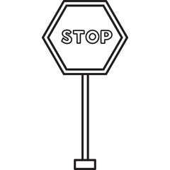 Black and White Outline of a Hexagonal Stop Sign on a Pole with a Base