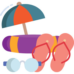 Beach Vacation Essentials Umbrella Towel Flip Flops and Sunglasses Illustration on Transparent Background for Summer Fun
