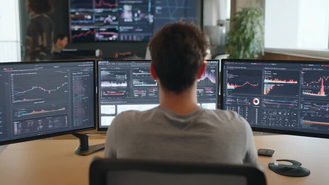 Medium shot of a data scientist monitoring realtime AI sentiment analysis on multiple screens in a modern tech office
