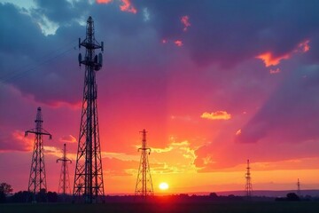 Canadian Telecommunication Towers at Sunset Technological Advancement Across the Vast Landscape