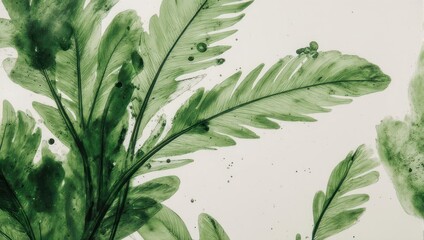 Close-up watercolor painting of delicate green fern fronds.