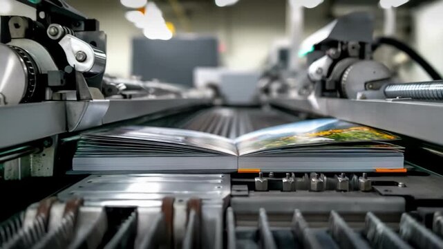 Medium shot of a modern printing press producing softcover photo books highlighting smooth finishes and customizable designs.