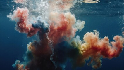 Colorful Smoke Plumes Dissipating Underwater in Deep Blue Water.