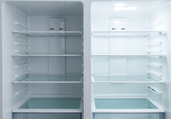 Modern empty fridge interior with sleek glass shelves and cool white surfaces, offering a clean, organized background space ,light ,kitchen ,refrigeration