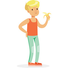 Blond Haired Young Man Wearing Orange Tank Top and Light Blue Pants Eating a Banana With Transparent Background