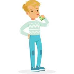 Blond Haired Boy Wearing Light Blue Sweater and Teal Pants Drinking From a Juice Box with a Straw