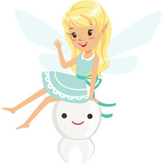 Blonde Fairy Girl with Light Blue Wings and Dress Sitting on a Happy Smiling Tooth Illustration