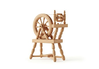 Miniature wooden spinning wheel model rests against a clean white background