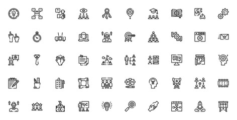 Workshop icon set. Vector illustration. Includes symols for meeting, team, preentation, calendar, laptop target, trophy and more. ditable stroke.