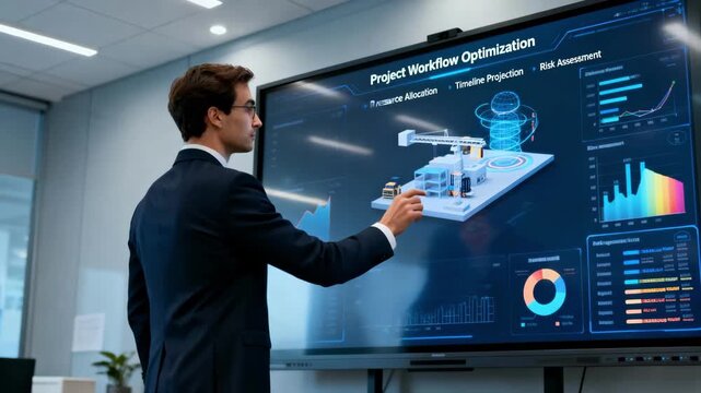 Planner analyzing datadriven predictive simulations on a large screen to optimize complex project workflows and outcomes.