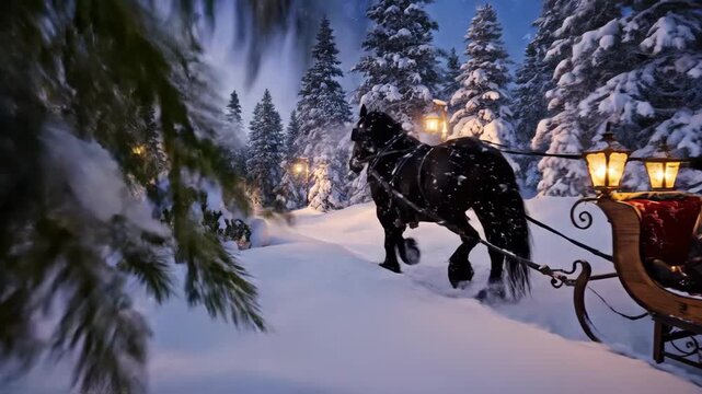 A magical Christmas Eve journey as a powerful horse pulls an elegant sleigh through a serene, snow-laden forest illuminated by the warm glow of vintage lanterns