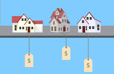 Homes for sale are seen on a shelf with price tags in a 3-d illustration.