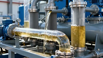 Medium shot showing stationary transformer oil treatment system in action highlighting fluid flow and filtration process