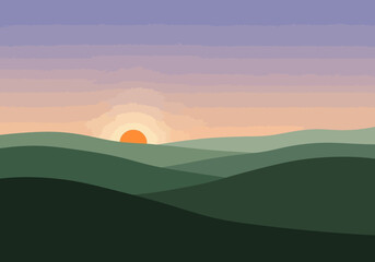 Pixel art sunset over rolling green hills with layered horizon