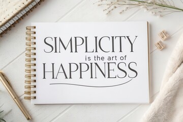 A notebook displaying a quote about simplicity and happiness