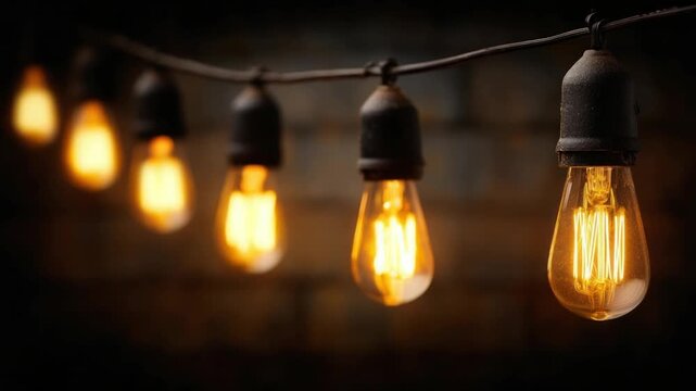 A string of Edison-style bulbs with warm, glowing light against a blurry background
