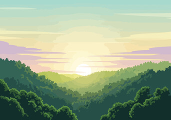 Pixelated sunrise over densely forested rolling hills under a pale colorful sky