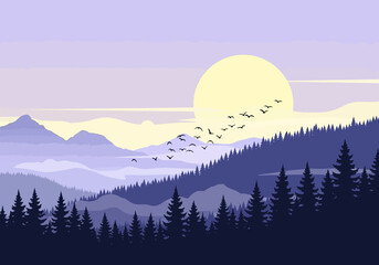 Silhouetted forest and mountains against a pastel sunset with flying birds