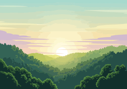 Pixelated sunrise over densely forested rolling hills under a pale colorful sky