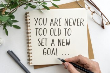 A notebook with inspirational text and a hand writing