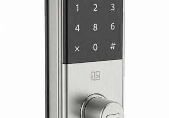 Modern electronic deadbolt features a digital keypad and metallic finish against a white background