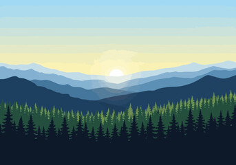 Stylized layered mountain sunset over a dense evergreen forest silhouette