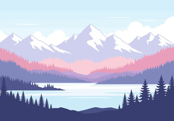 Stylized mountain lake scene with layered purple and pink forests under a pale sky