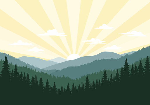 Stylized sunrise over layered forested mountains with sunburst
