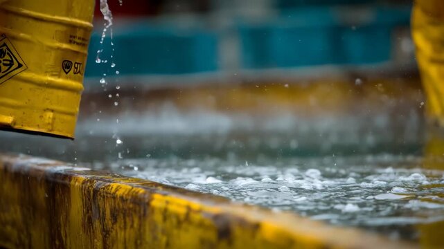 Close view of a biohazard container being rinsed after chemical cleaning demonstrating proper handling procedures for contaminated materials.