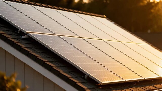 Medium shot showing pitched roof solar panels arranged in perfect rows highlighting angled placement to capture optimal sunlight