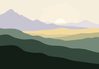 Layered minimalist landscape with rolling hills and mountains at sunrise