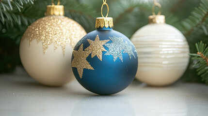 Fototapeta premium Elegant Christmas Ornaments in Blue, Gold, and Cream with Glitter Stars