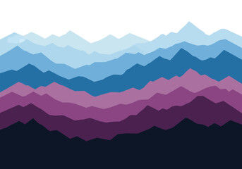 Layered mountain silhouettes in cool blue and deep magenta hues against white