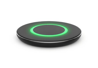 Flat, circular device emits a bright green light indicating power status against a white background.